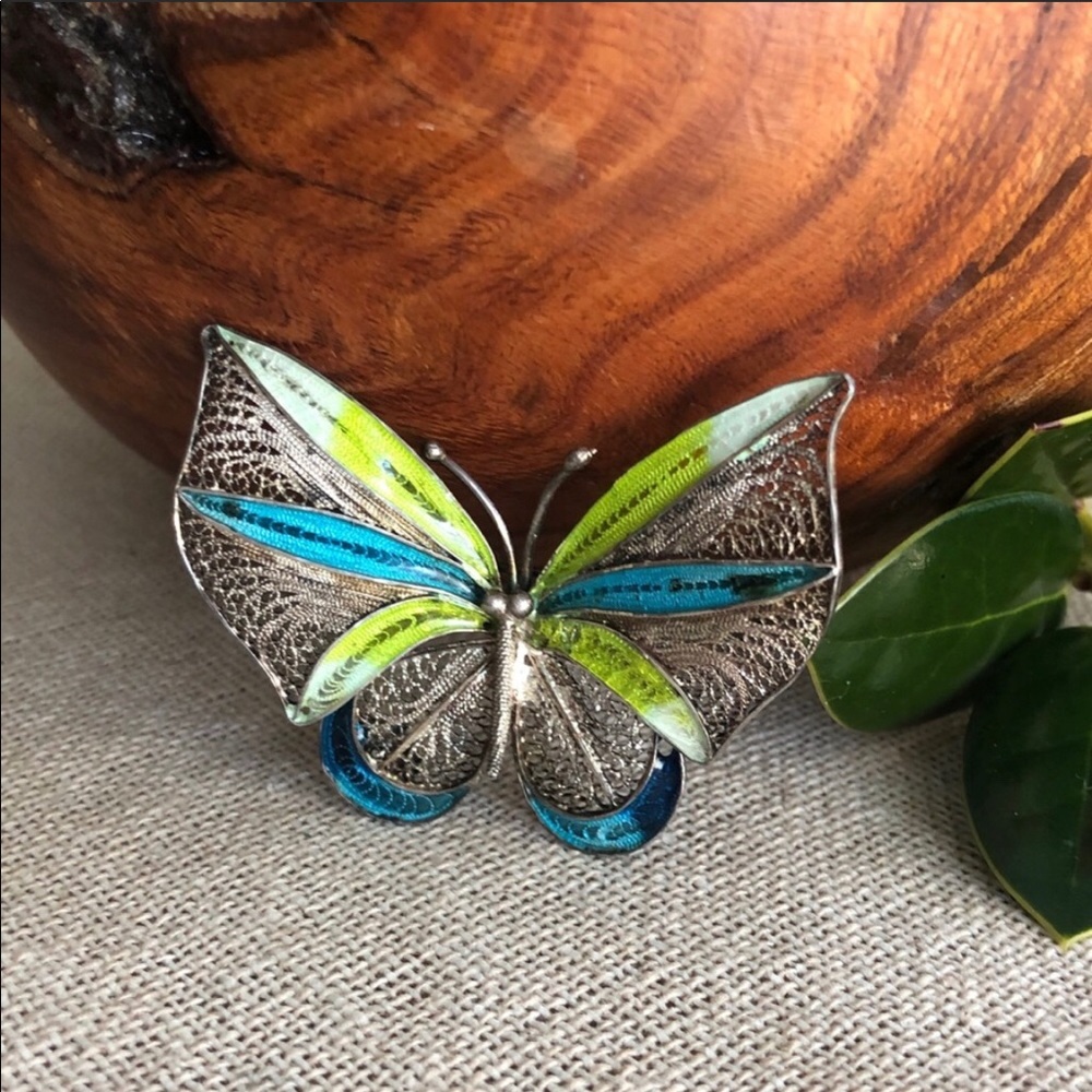 Vintage Blue and Lime Green Filigree Butterfly Brooch